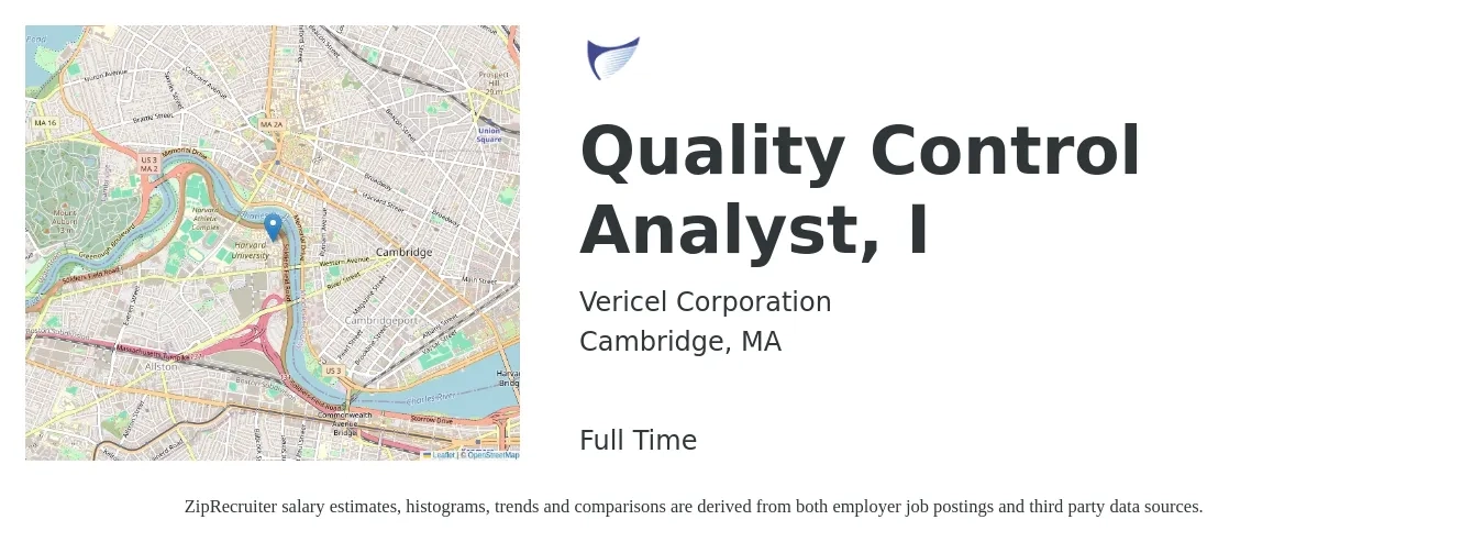 Vericel Corporation job posting for a Quality Control Analyst, I in Cambridge, MA with a salary of $26 to $35 Hourly with a map of Cambridge location.