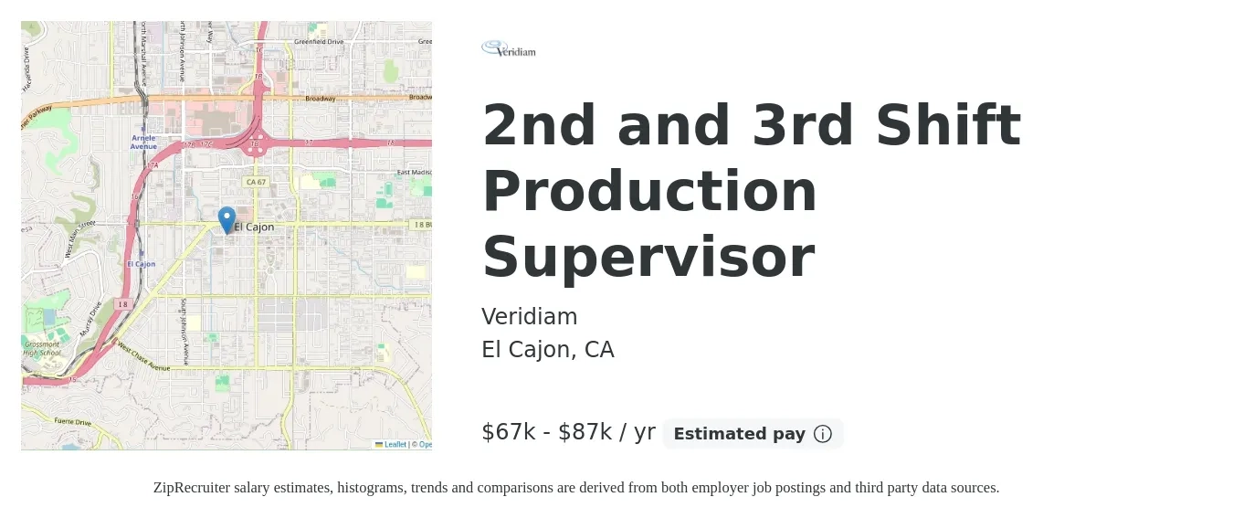 Veridiam job posting for a 2nd and 3rd Shift Production Supervisor in El Cajon, CA with a salary of $67,000 to $87,000 Yearly with a map of El Cajon location.