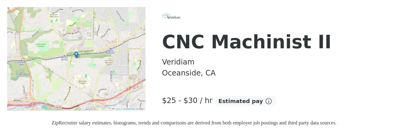 Veridiam job posting for a CNC Machinist II in Oceanside, CA with a salary of $26 to $32 Hourly with a map of Oceanside location.