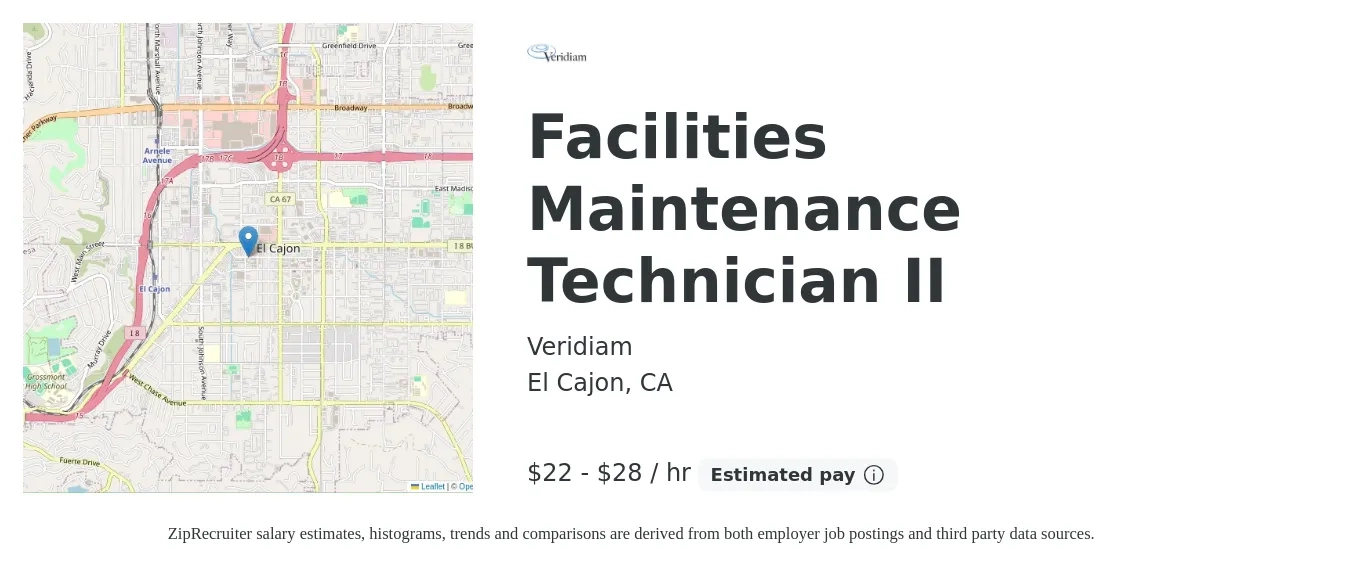 Veridiam job posting for a Facilities Maintenance Technician II in El Cajon, CA with a salary of $23 to $30 Hourly with a map of El Cajon location.
