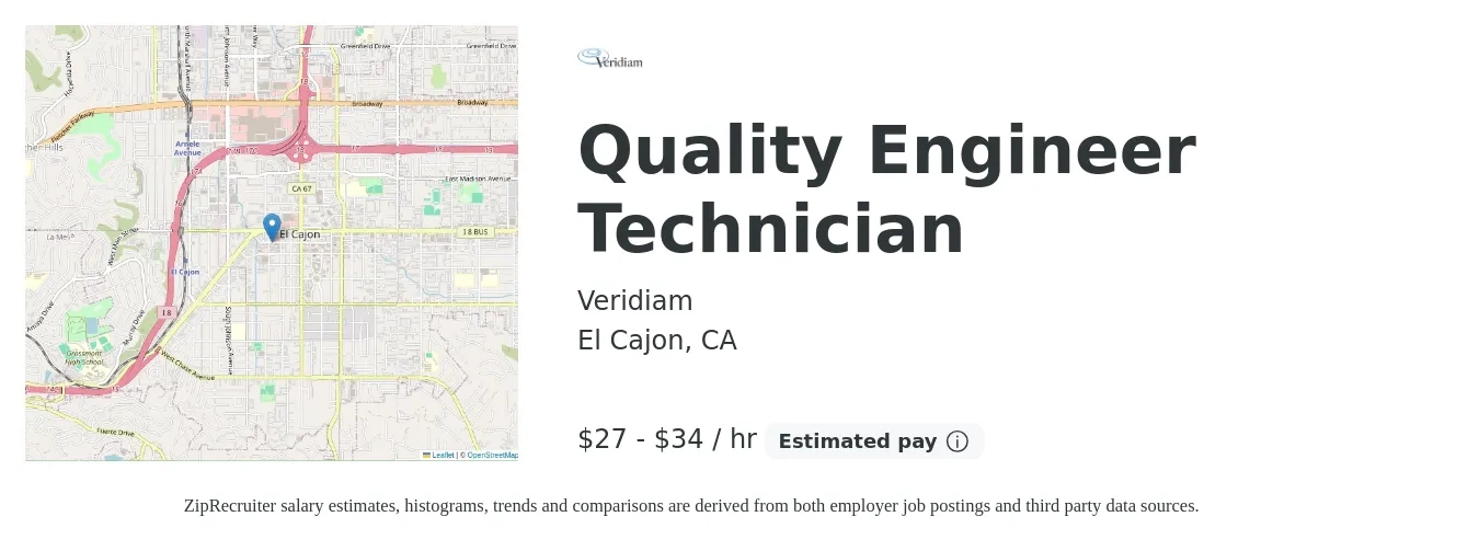 Veridiam job posting for a Quality Engineer Technician in El Cajon, CA with a salary of $29 to $36 Hourly with a map of El Cajon location.