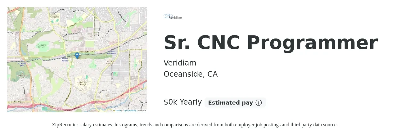 Veridiam job posting for a Sr. CNC Programmer in Oceanside, CA with a salary of $39 to $50 Yearly with a map of Oceanside location.