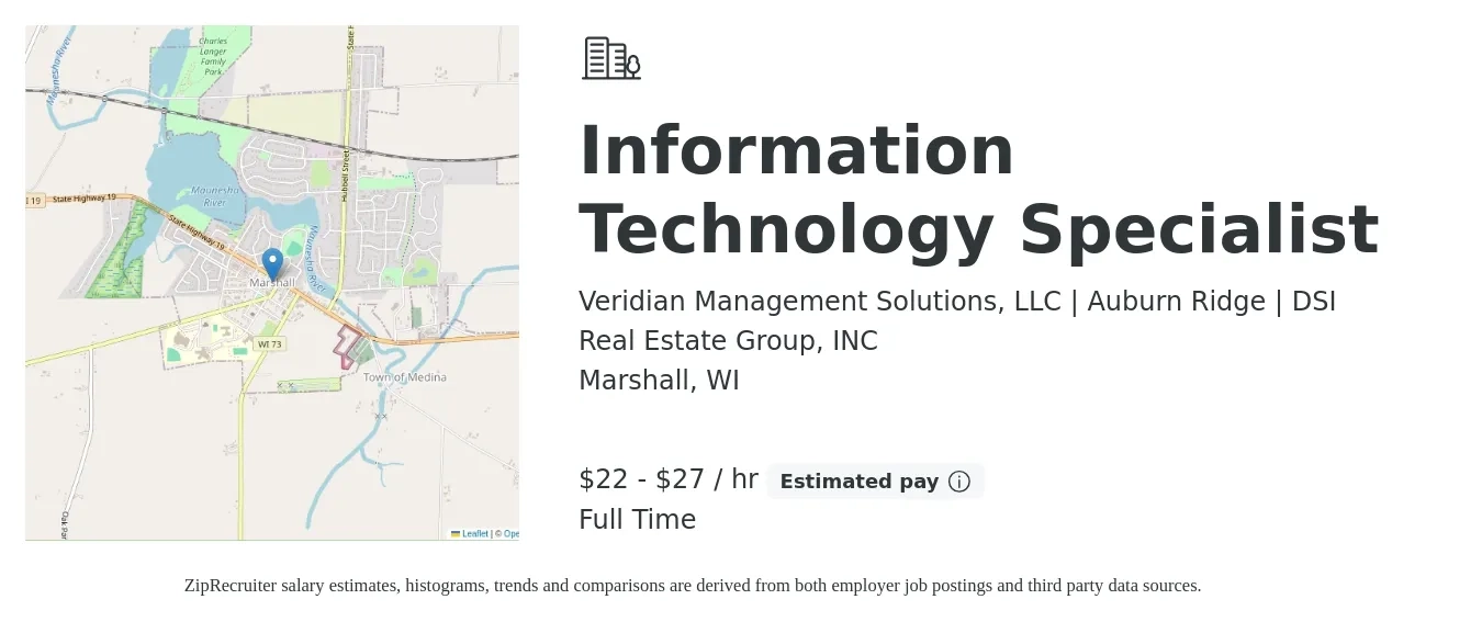 Veridian Management Solutions, LLC | Auburn Ridge | DSI Real Estate Group, INC job posting for a Information Technology Specialist in Marshall, WI with a salary of $23 to $28 Hourly with a map of Marshall location.