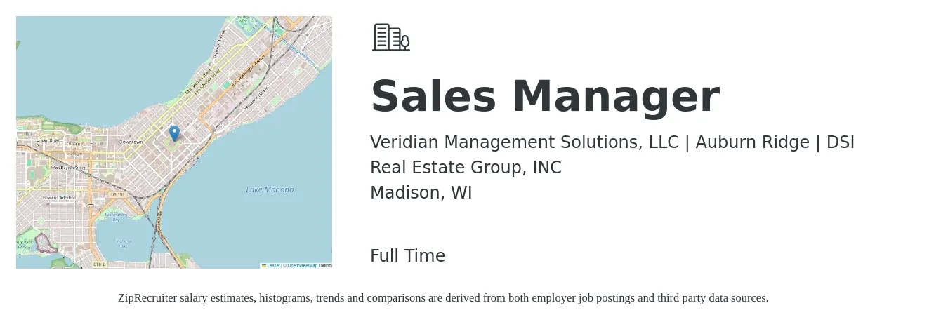 Veridian Management Solutions, LLC | Auburn Ridge | DSI Real Estate Group, INC job posting for a Sales Manager in Madison, WI with a salary of $45,400 to $97,200 Yearly with a map of Madison location.