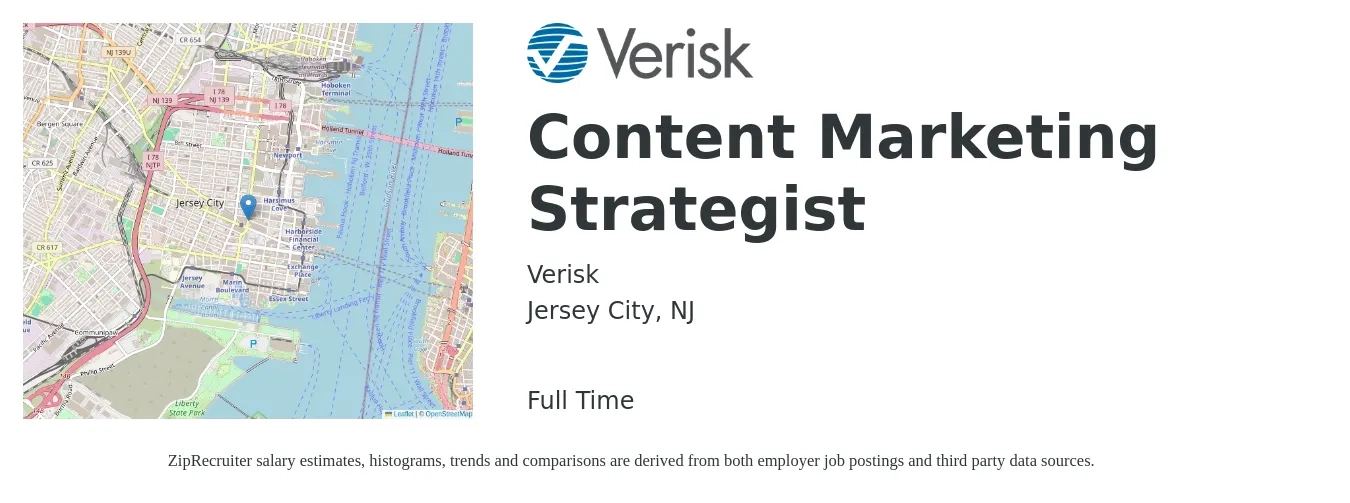 Verisk job posting for a Content Marketing Strategist in Jersey City, NJ with a salary of $38 to $58 Hourly with a map of Jersey City location.