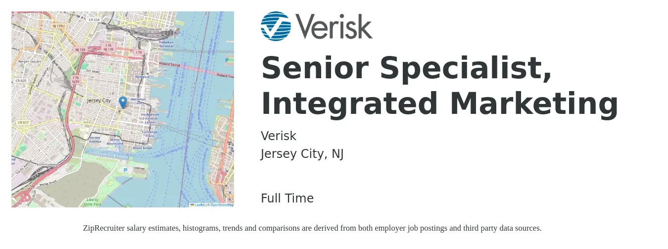 Verisk job posting for a Senior Specialist, Integrated Marketing in Jersey City, NJ with a salary of $81,400 to $100,700 Yearly with a map of Jersey City location.