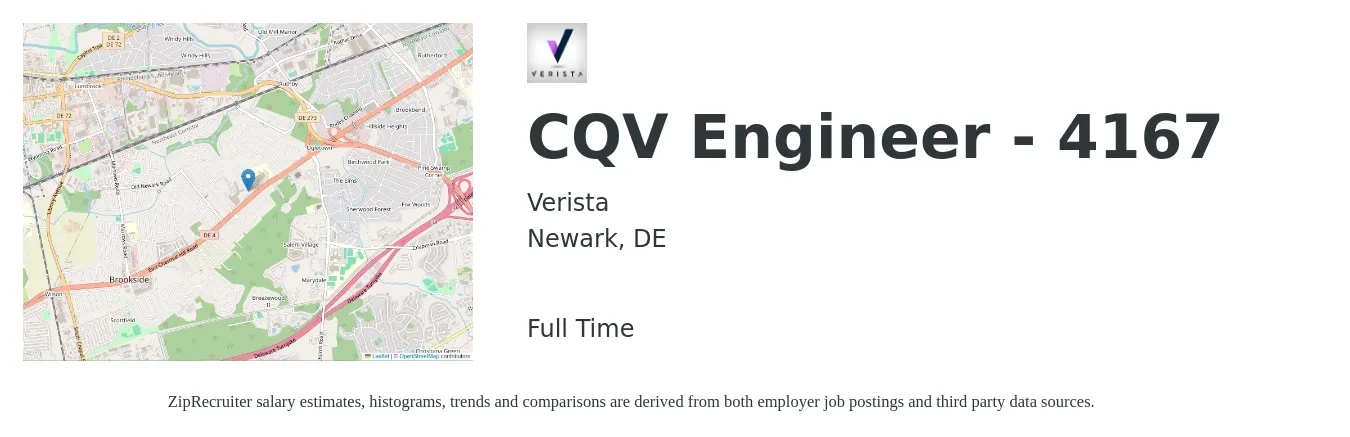 Verista job posting for a CQV Engineer - 4167 in Newark, DE with a salary of $24 to $52 Hourly with a map of Newark location.