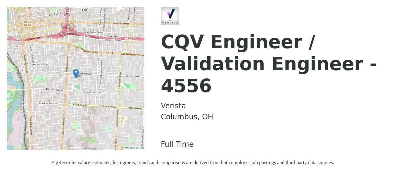 Verista job posting for a CQV Engineer / Validation Engineer - 4556 in Columbus, OH with a salary of $40 to $64 Hourly with a map of Columbus location.