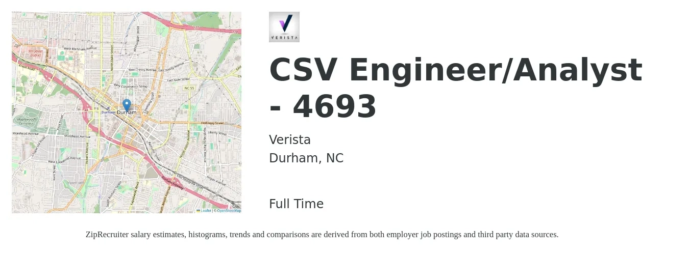Verista job posting for a CSV Engineer/Analyst - 4693 in Durham, NC with a salary of $61,400 to $107,700 Yearly with a map of Durham location.