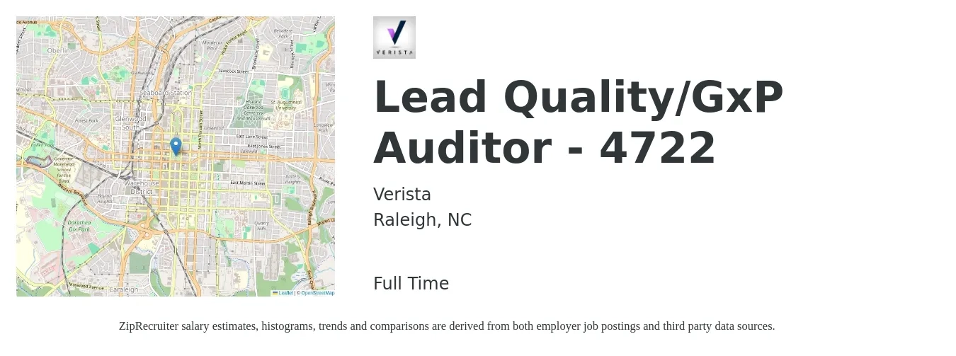 Verista job posting for a Lead Quality/GxP Auditor - 4722 in Raleigh, NC with a salary of $18 to $35 Hourly with a map of Raleigh location.