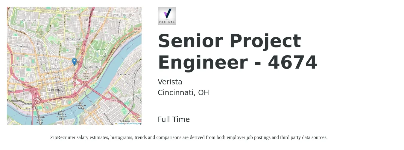 Verista job posting for a Senior Project Engineer - 4674 in Cincinnati, OH with a salary of $95,000 to $123,800 Yearly with a map of Cincinnati location.