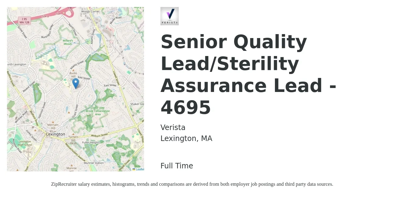 Verista job posting for a Senior Quality Lead/Sterility Assurance Lead - 4695 in Lexington, MA with a salary of $35 to $72 Hourly with a map of Lexington location.