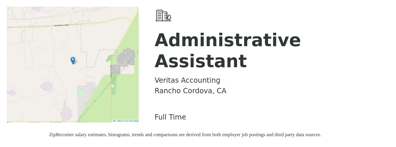 Veritas Accounting job posting for a Administrative Assistant in Rancho Cordova, CA with a salary of $17 to $24 Hourly with a map of Rancho Cordova location.