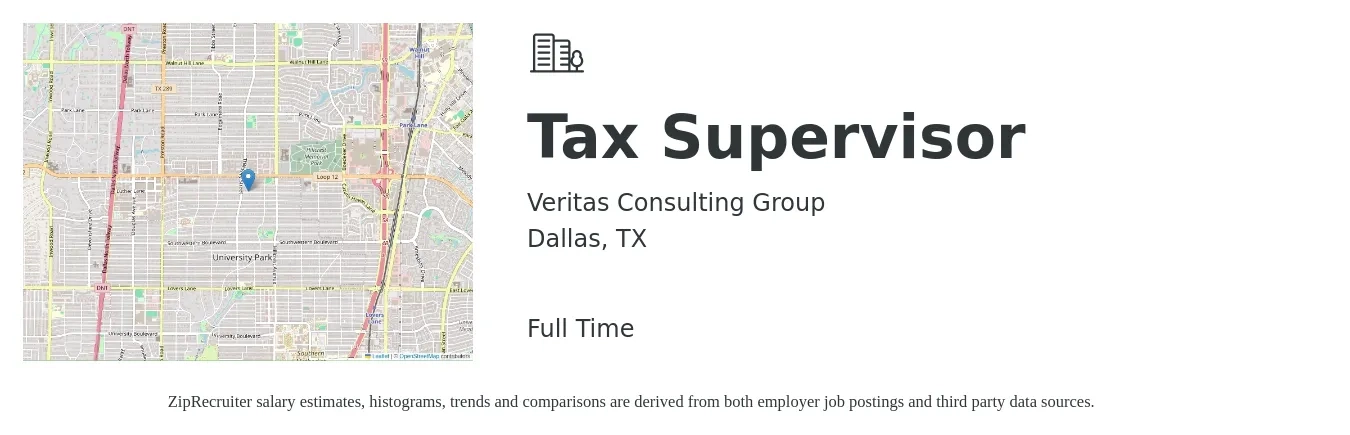 Veritas Consulting Group job posting for a Tax Supervisor in Dallas, TX with a salary of $109,900 to $144,000 Yearly with a map of Dallas location.