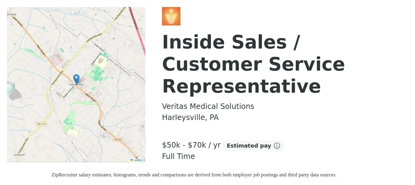 Veritas Medical Solutions job posting for a Inside Sales / Customer Service Representative in Harleysville, PA with a salary of $50,000 to $70,000 Yearly with a map of Harleysville location.