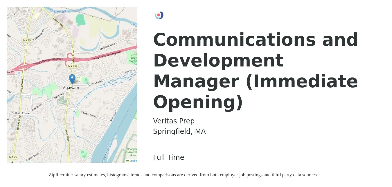 Veritas Prep job posting for a Communications and Development Manager (Immediate Opening) in Springfield, MA with a salary of $67,800 to $99,600 Yearly with a map of Springfield location.