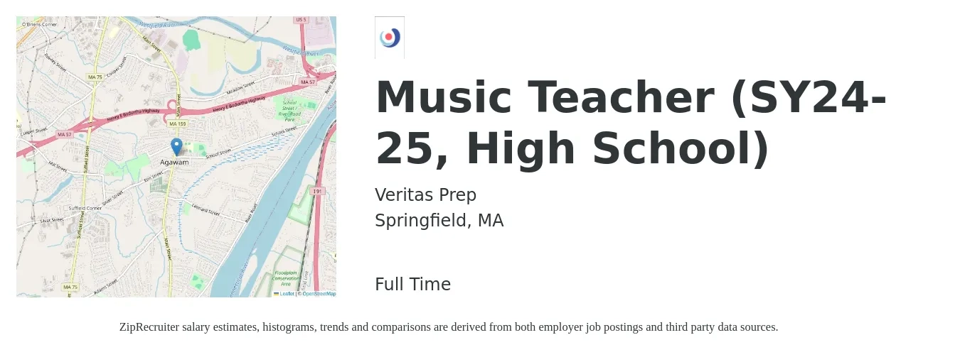 Veritas Prep job posting for a Music Teacher (SY24-25, High School) in Springfield, MA with a salary of $43,800 to $61,300 Yearly with a map of Springfield location.