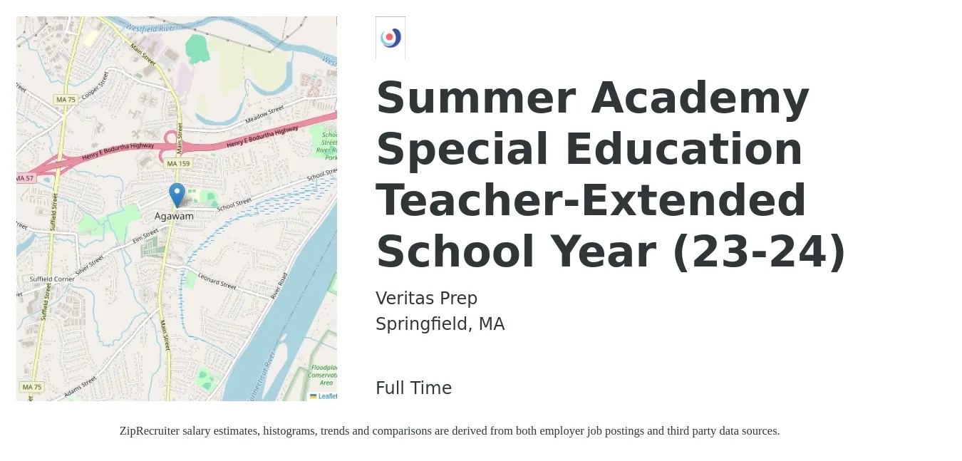 Veritas Prep job posting for a Summer Academy Special Education Teacher-Extended School Year (23-24) in Springfield, MA with a salary of $4,000 Weekly with a map of Springfield location.