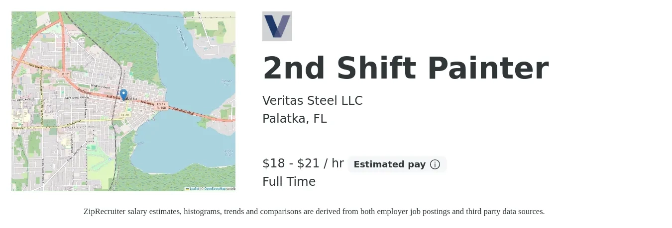 Veritas Steel LLC job posting for a 2nd Shift Painter in Palatka, FL with a salary of $16 to $22 Hourly with a map of Palatka location.