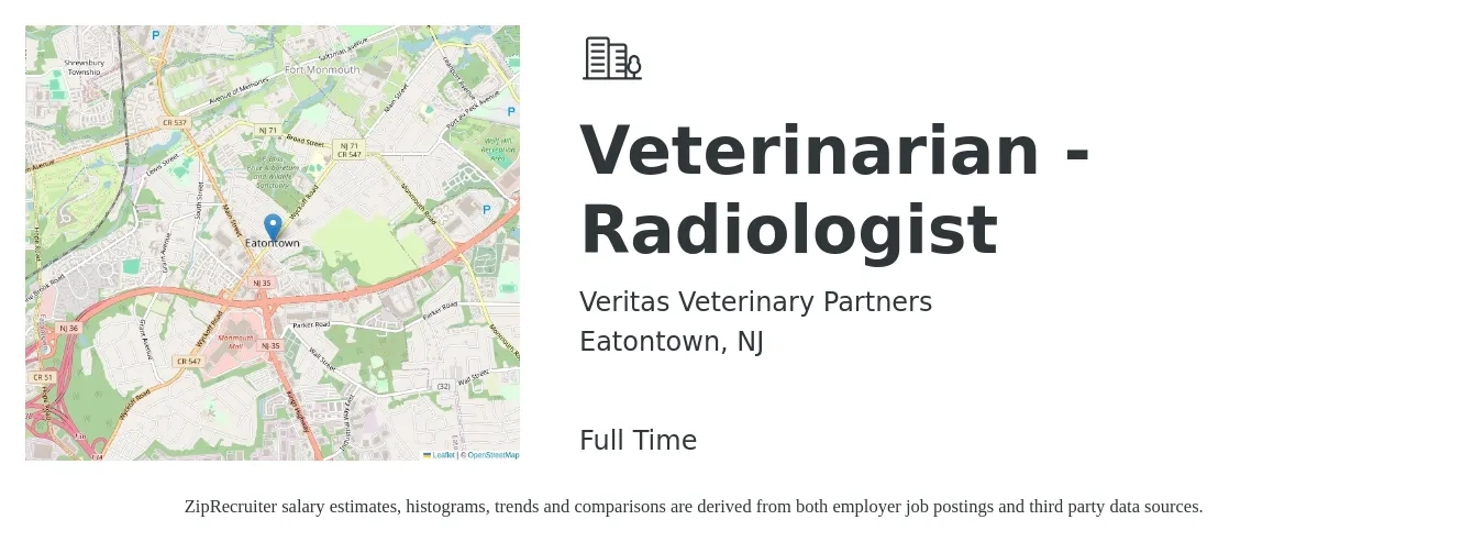 Veritas Veterinary Partners job posting for a Veterinarian - Radiologist in Eatontown, NJ with a salary of $92,700 to $289,200 Yearly with a map of Eatontown location.