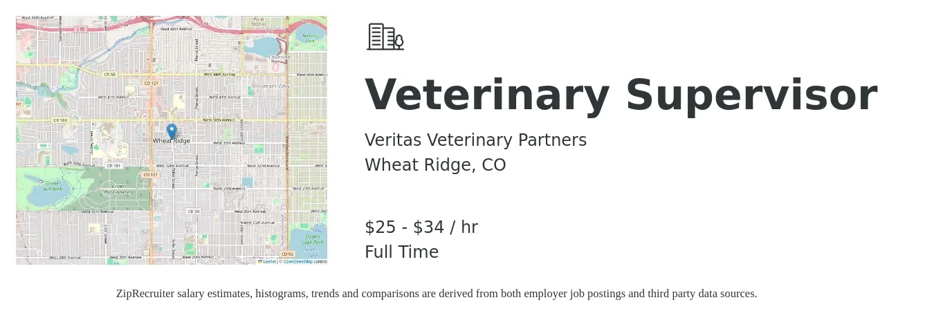 Veritas Veterinary Partners job posting for a Veterinary Supervisor in Wheat Ridge, CO with a salary of $27 to $36 Hourly with a map of Wheat Ridge location.