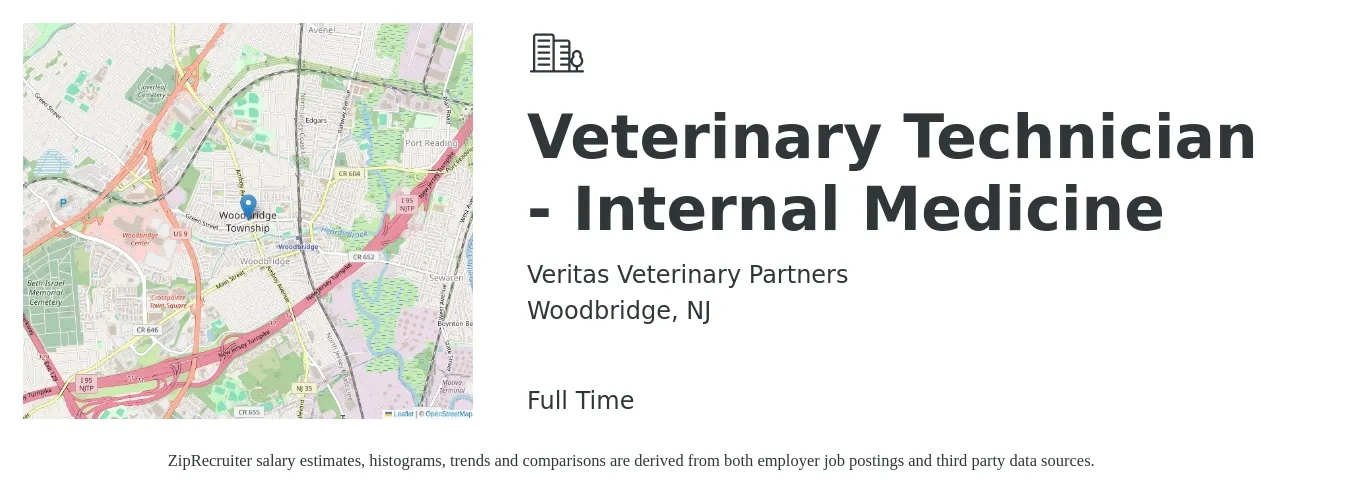 Veritas Veterinary Partners job posting for a Veterinary Technician - Internal Medicine in Woodbridge, NJ with a salary of $19 to $26 Hourly with a map of Woodbridge location.
