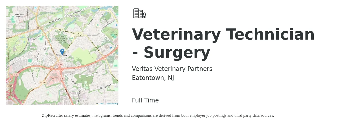 Veritas Veterinary Partners job posting for a Veterinary Technician - Surgery in Eatontown, NJ with a salary of $19 to $26 Hourly with a map of Eatontown location.