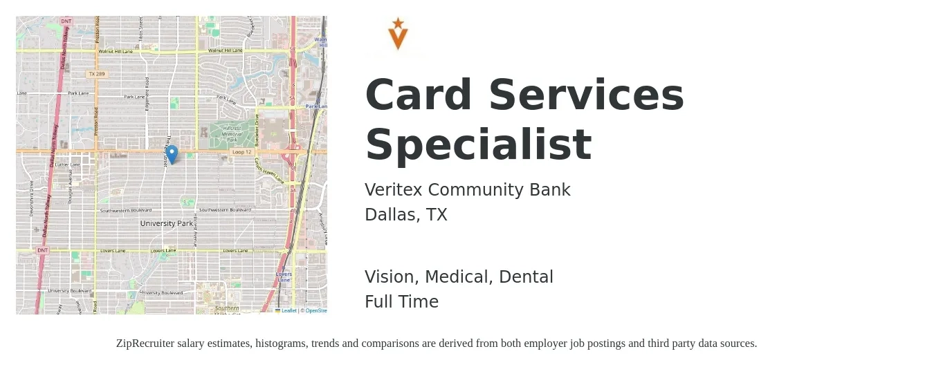 Veritex Community Bank job posting for a Card Services Specialist in Dallas, TX with a salary of $19 to $27 Hourly and benefits including life_insurance, medical, pto, retirement, vision, and dental with a map of Dallas location.