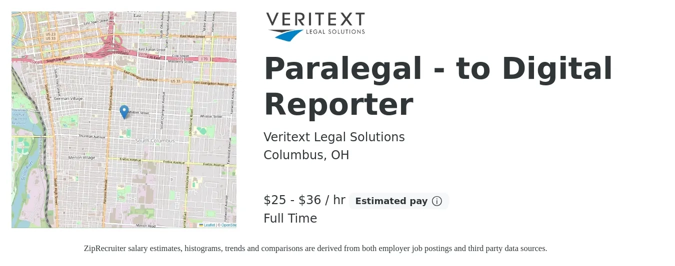 Veritext Legal Solutions job posting for a Paralegal - to Digital Reporter in Columbus, OH with a salary of $27 to $38 Hourly with a map of Columbus location.