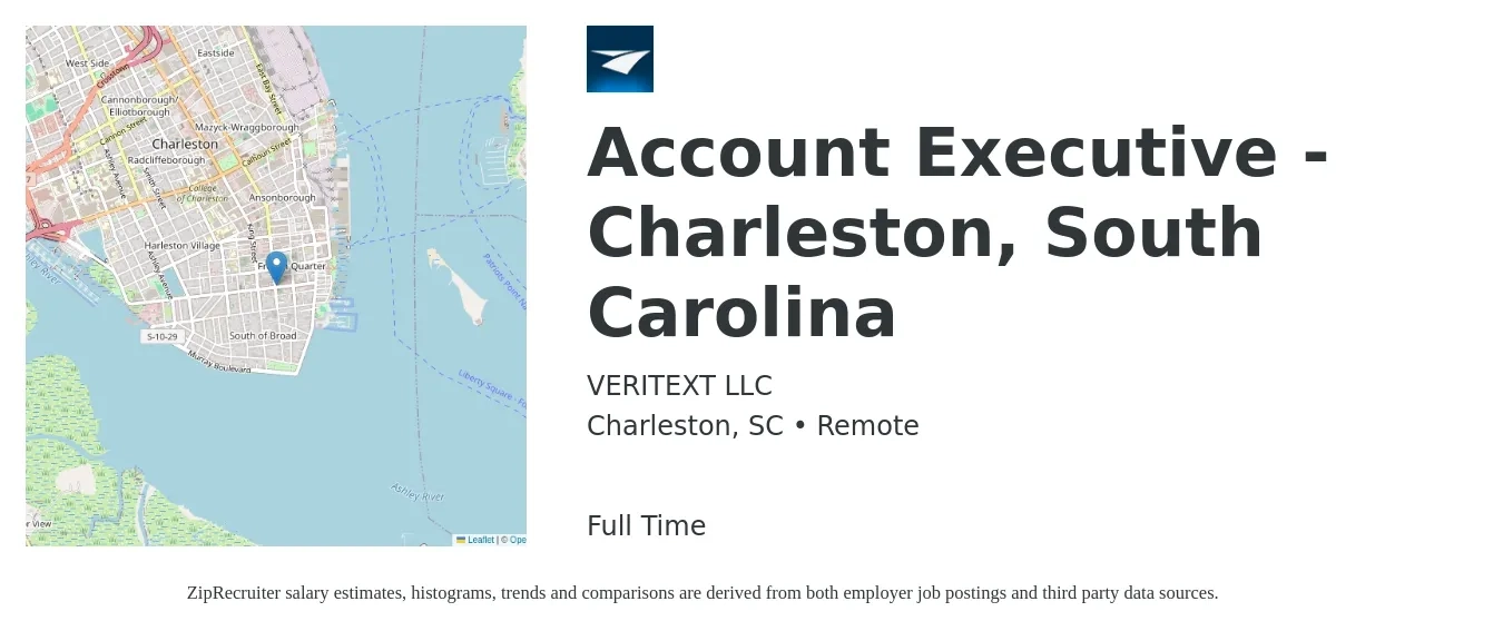 VERITEXT LLC job posting for a Account Executive - Charleston, South Carolina in Charleston, SC with a salary of $51,300 to $90,200 Yearly with a map of Charleston location.