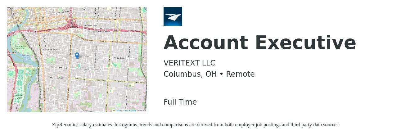 VERITEXT LLC job posting for a Account Executive in Columbus, OH with a salary of $52,200 to $91,800 Yearly with a map of Columbus location.