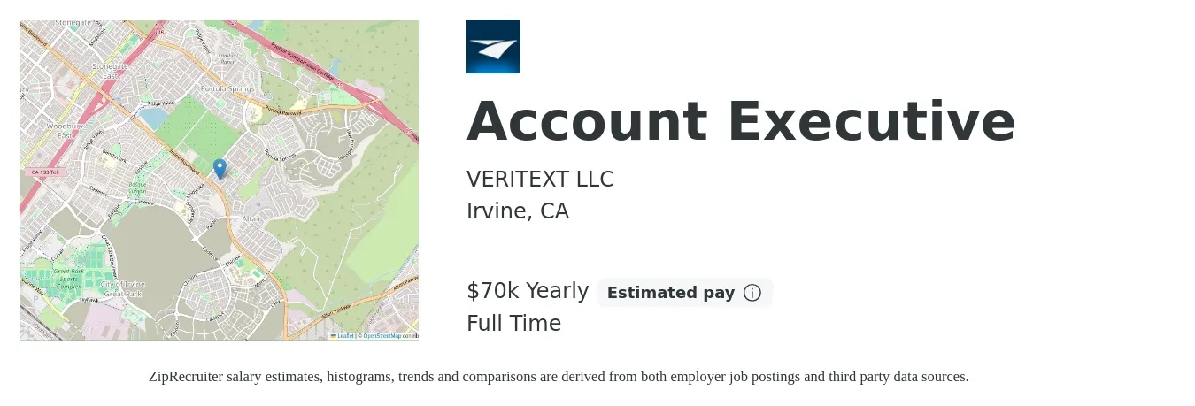 VERITEXT LLC job posting for a Account Executive in Irvine, CA with a salary of $70,000 Yearly with a map of Irvine location.