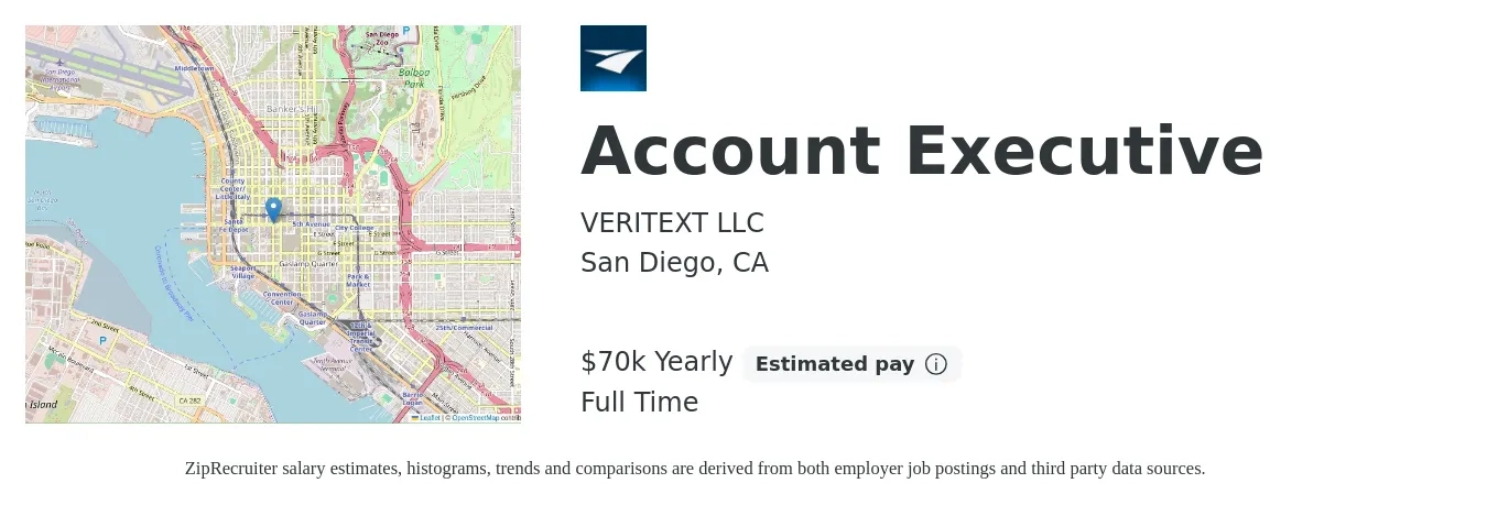 VERITEXT LLC job posting for a Account Executive in San Diego, CA with a salary of $70,000 Yearly with a map of San Diego location.