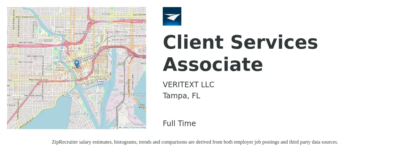 VERITEXT LLC job posting for a Client Services Associate in Tampa, FL with a salary of $17 to $24 Hourly with a map of Tampa location.