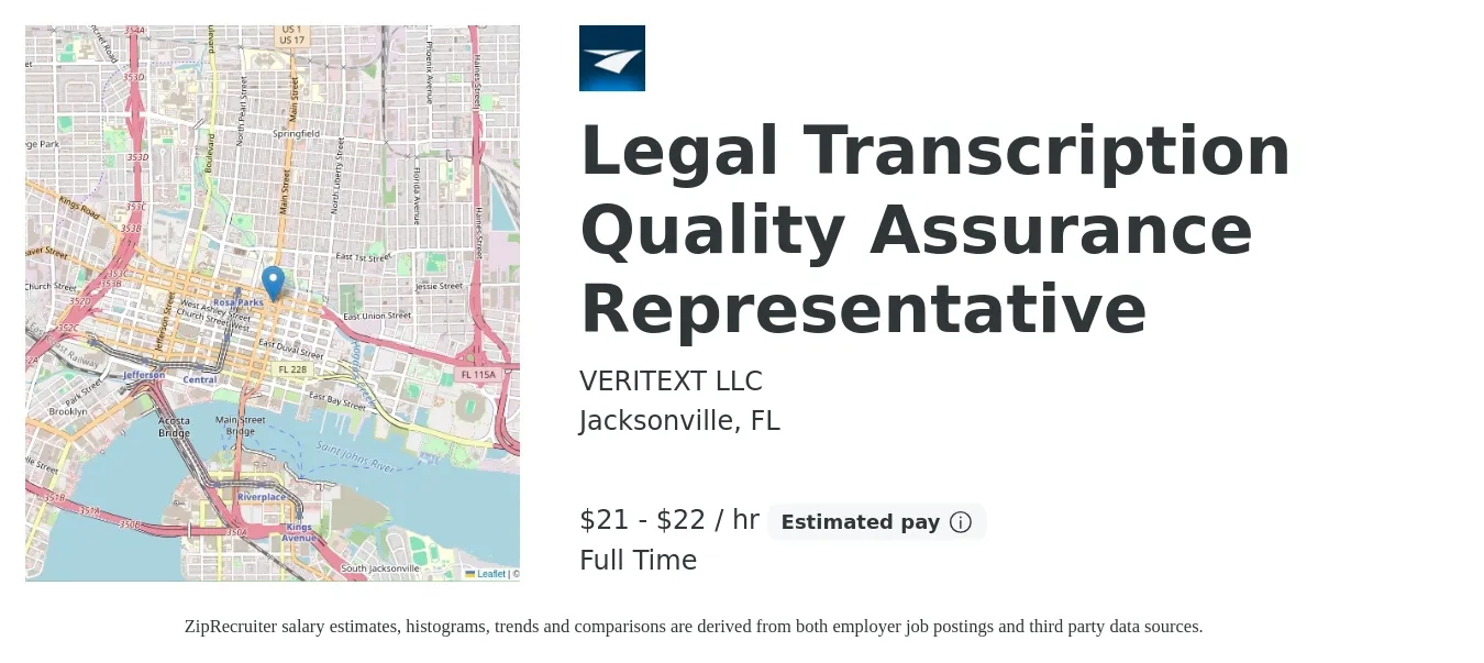 VERITEXT LLC job posting for a Legal Transcription Quality Assurance Representative in Jacksonville, FL with a salary of $22 to $23 Hourly with a map of Jacksonville location.