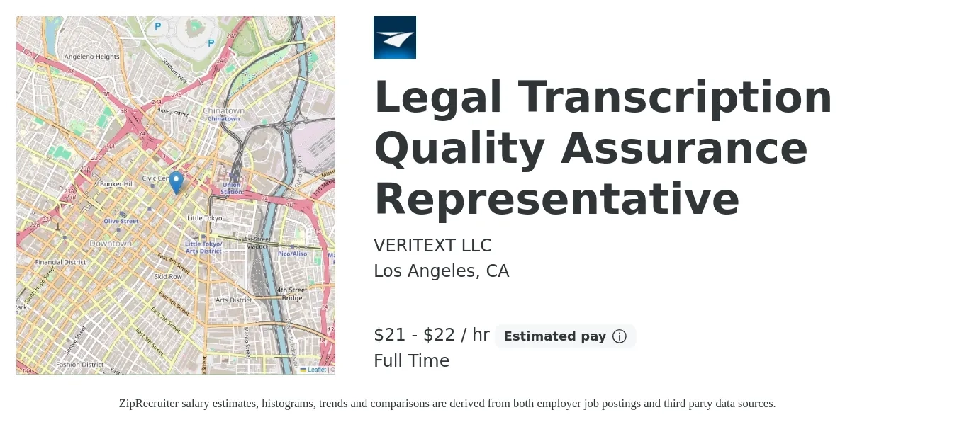 VERITEXT LLC job posting for a Legal Transcription Quality Assurance Representative in Los Angeles, CA with a salary of $22 to $23 Hourly with a map of Los Angeles location.