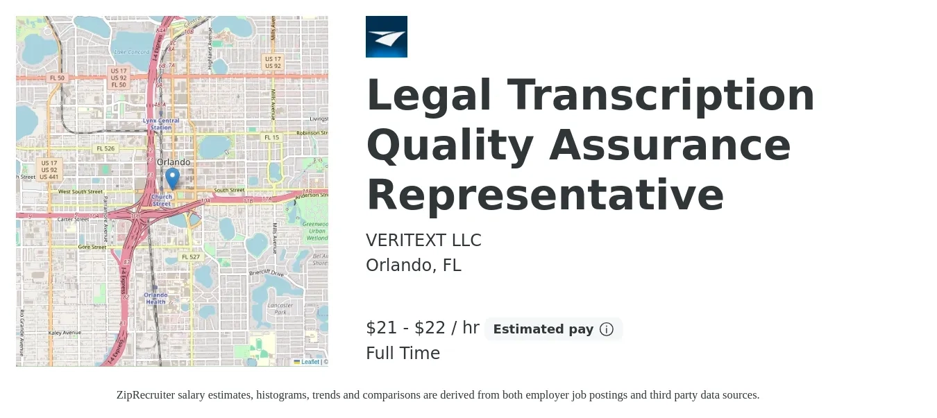 VERITEXT LLC job posting for a Legal Transcription Quality Assurance Representative in Orlando, FL with a salary of $22 to $23 Hourly with a map of Orlando location.