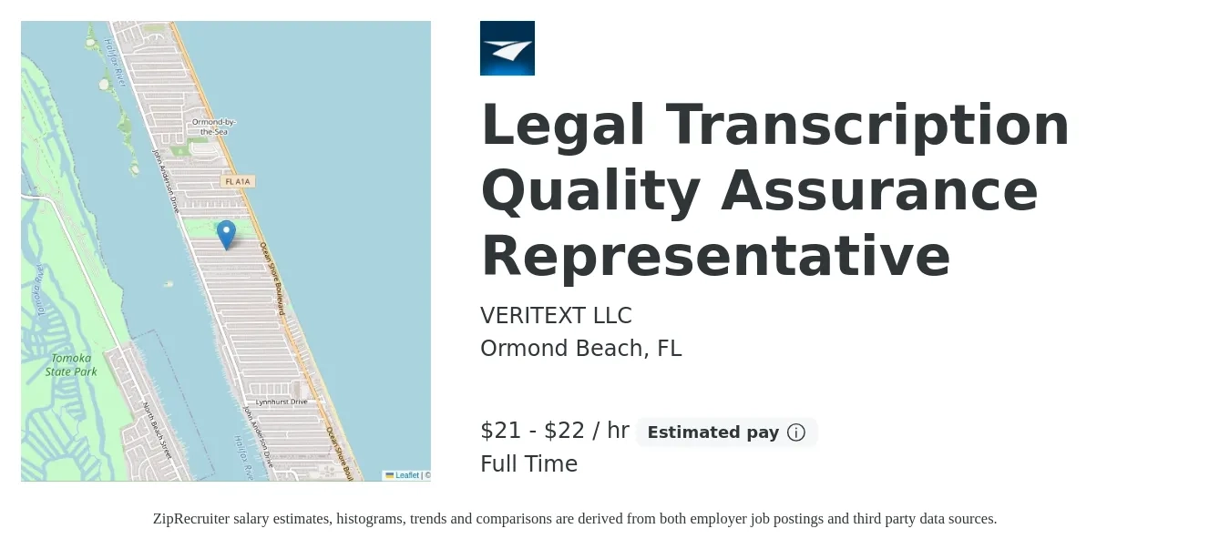 VERITEXT LLC job posting for a Legal Transcription Quality Assurance Representative in Ormond Beach, FL with a salary of $22 to $23 Hourly with a map of Ormond Beach location.