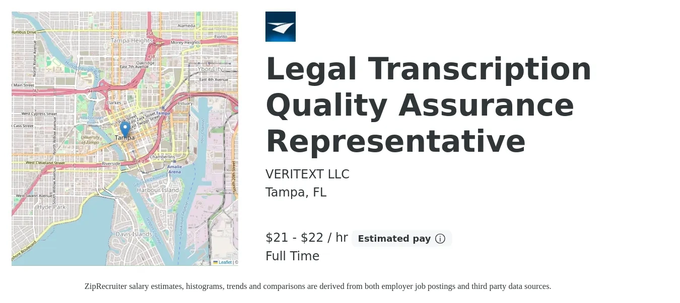 VERITEXT LLC job posting for a Legal Transcription Quality Assurance Representative in Tampa, FL with a salary of $22 to $23 Hourly with a map of Tampa location.