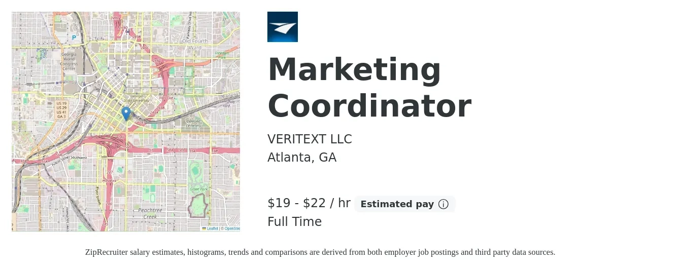 VERITEXT LLC job posting for a Marketing Coordinator in Atlanta, GA with a salary of $18 to $20 Hourly with a map of Atlanta location.
