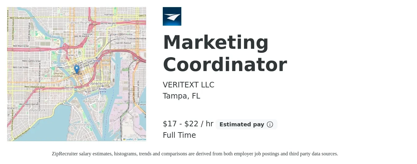 VERITEXT LLC job posting for a Marketing Coordinator in Tampa, FL with a salary of $18 to $20 Hourly with a map of Tampa location.