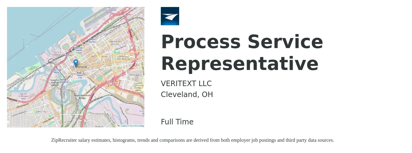 VERITEXT LLC job posting for a Process Service Representative in Cleveland, OH with a salary of $16 to $22 Hourly with a map of Cleveland location.
