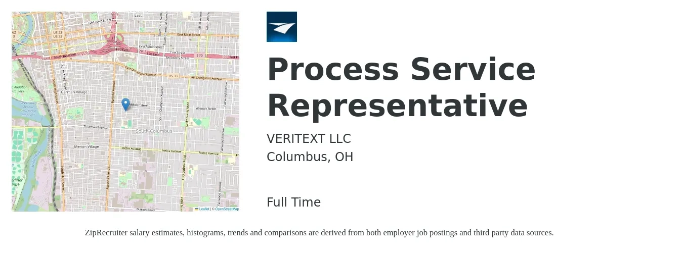 VERITEXT LLC job posting for a Process Service Representative in Columbus, OH with a salary of $16 to $22 Hourly with a map of Columbus location.