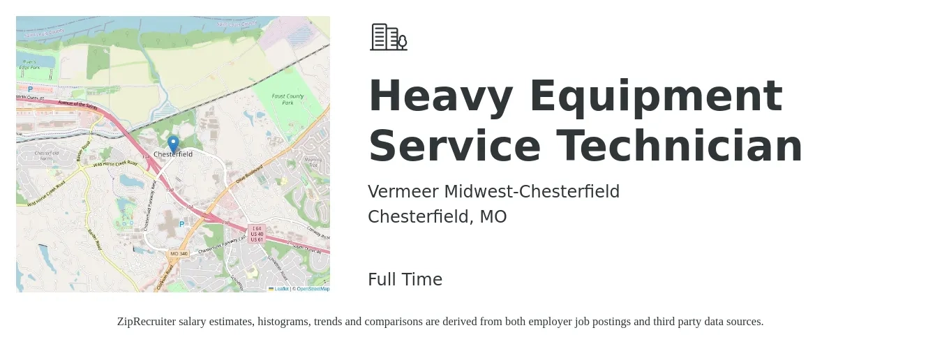 Vermeer Midwest-Chesterfield job posting for a Heavy Equipment Service Technician in Chesterfield, MO with a salary of $24 to $33 Hourly with a map of Chesterfield location.