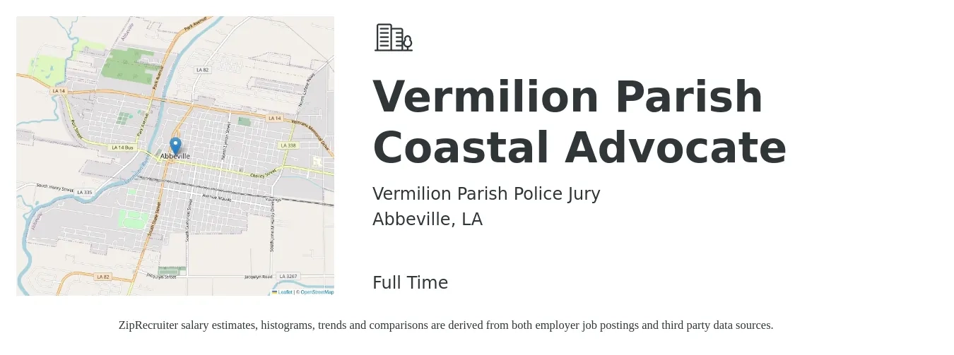 Vermilion Parish Police Jury job posting for a Vermilion Parish Coastal Advocate in Abbeville, LA with a salary of $37,500 to $48,900 Yearly with a map of Abbeville location.