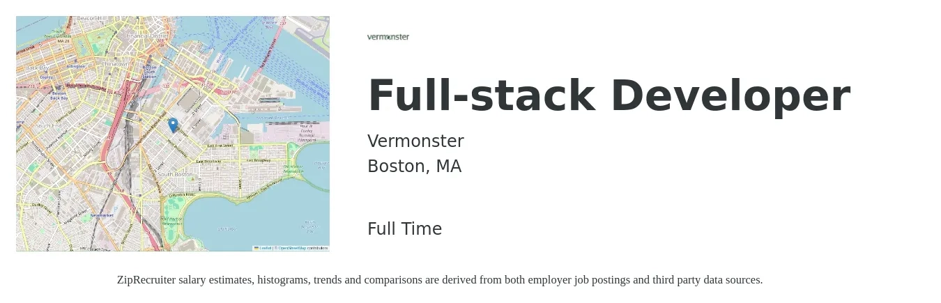 Vermonster job posting for a Full-stack Developer in Boston, MA with a salary of $56 to $77 Hourly with a map of Boston location.