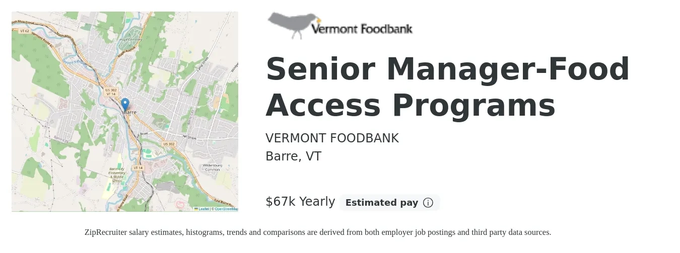 VERMONT FOODBANK job posting for a Senior Manager-Food Access Programs in Barre, VT with a salary of $67,600 Yearly with a map of Barre location.