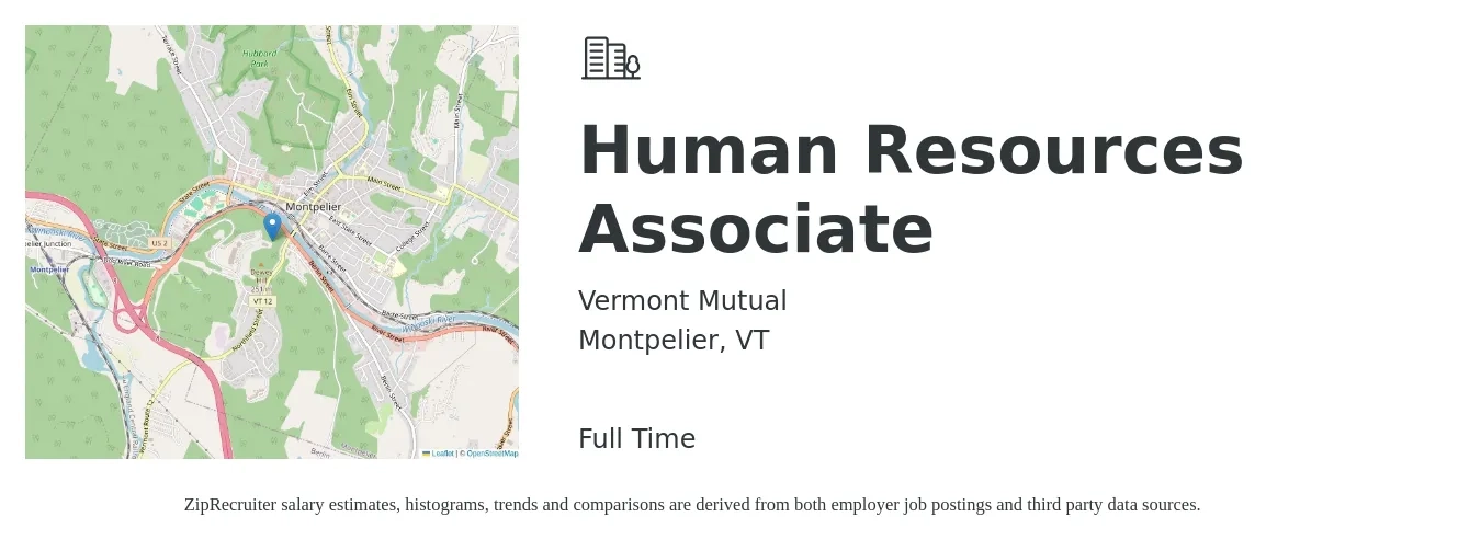 Vermont Mutual job posting for a Human Resources Associate in Montpelier, VT with a salary of $22 to $30 Hourly with a map of Montpelier location.