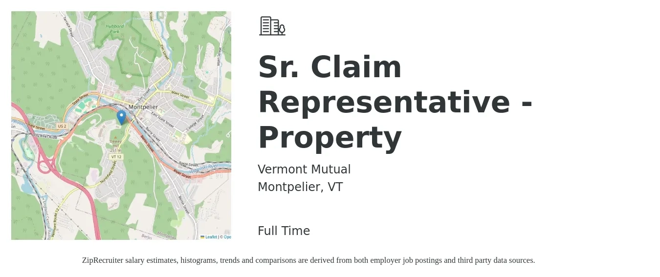Vermont Mutual job posting for a Sr. Claim Representative - Property in Montpelier, VT with a salary of $19 to $29 Hourly with a map of Montpelier location.