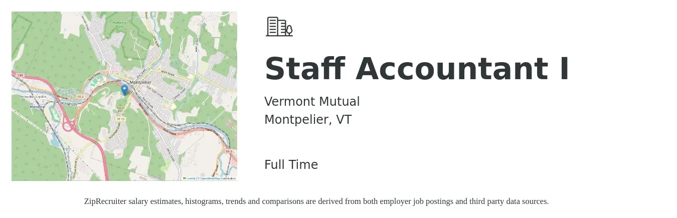 Vermont Mutual job posting for a Staff Accountant I in Montpelier, VT with a salary of $55,600 to $73,300 Yearly with a map of Montpelier location.